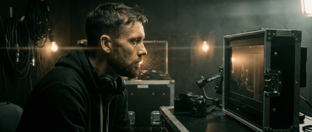 cinematic studio shot of small video team working