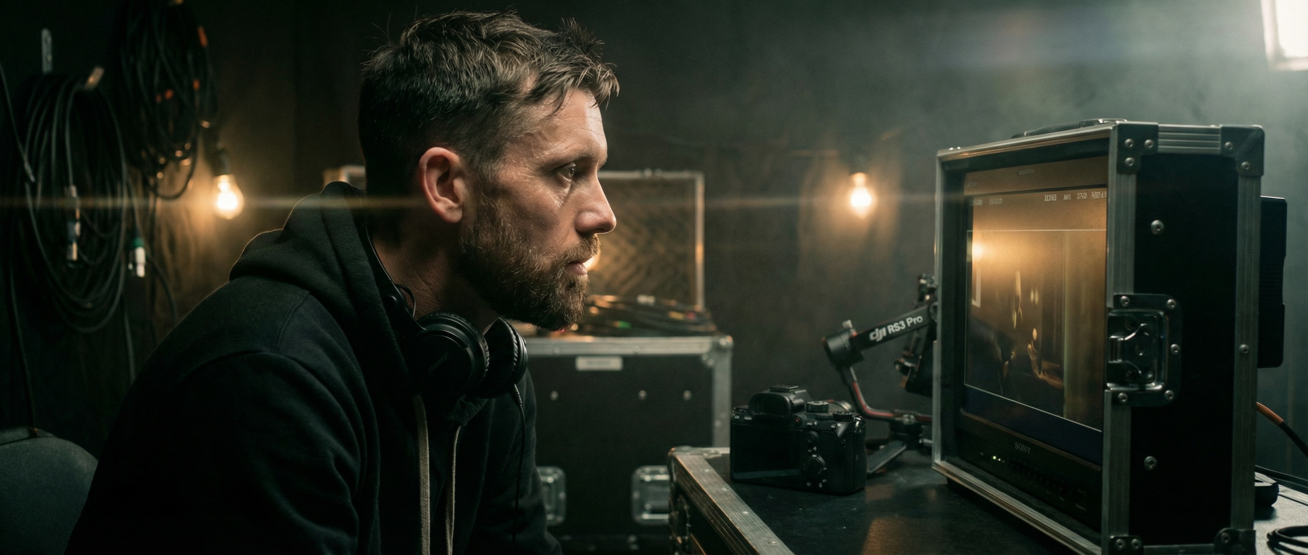 cinematic studio shot of small video team working