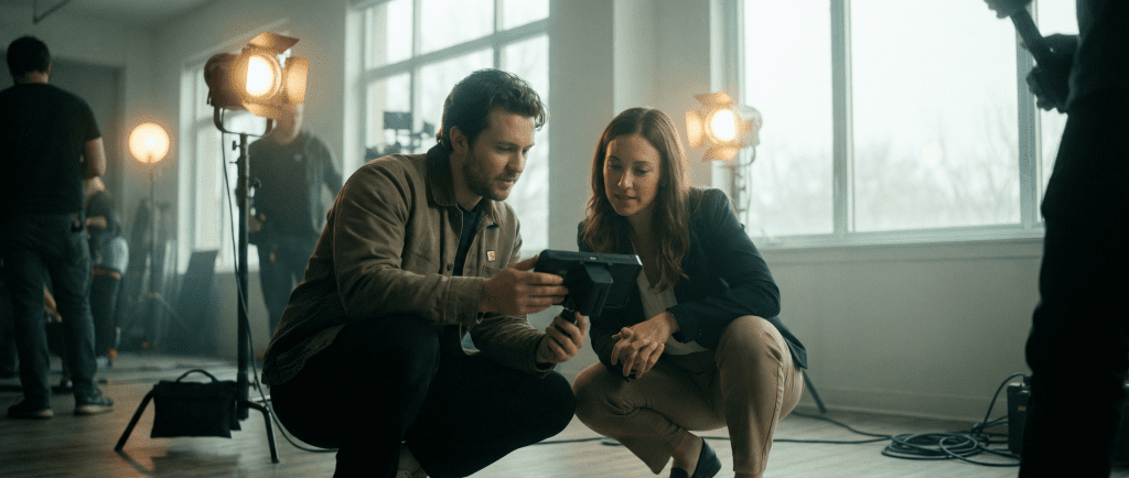 videographer preparing camera and lighting for shoot