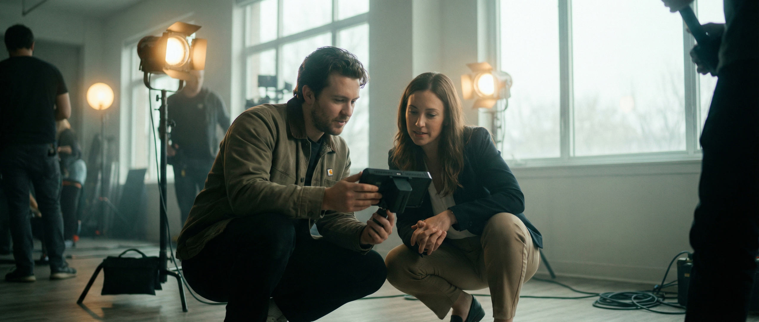 videographer preparing camera and lighting for shoot