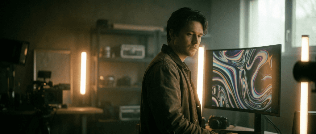 AI tools beside camera gear in creative workspace