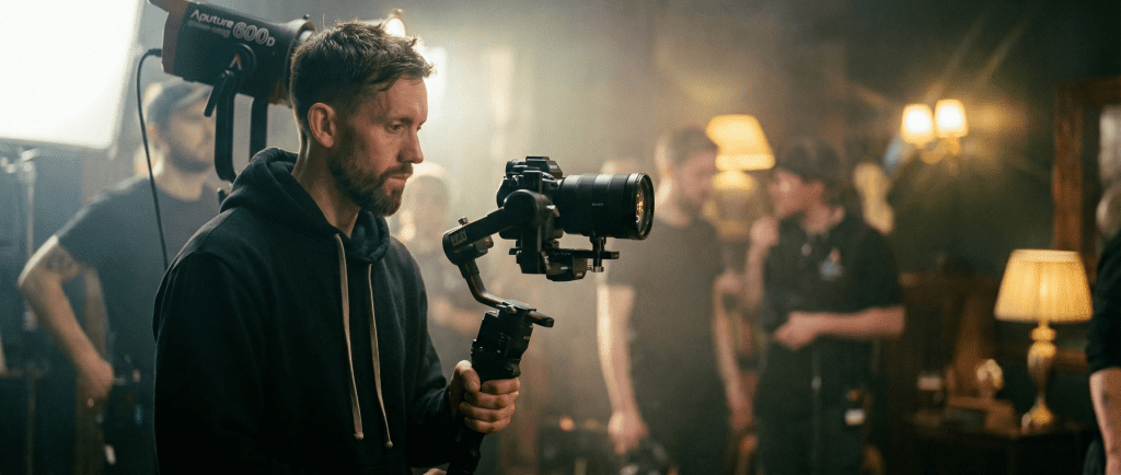 cinematic banner of videographer setting up camera